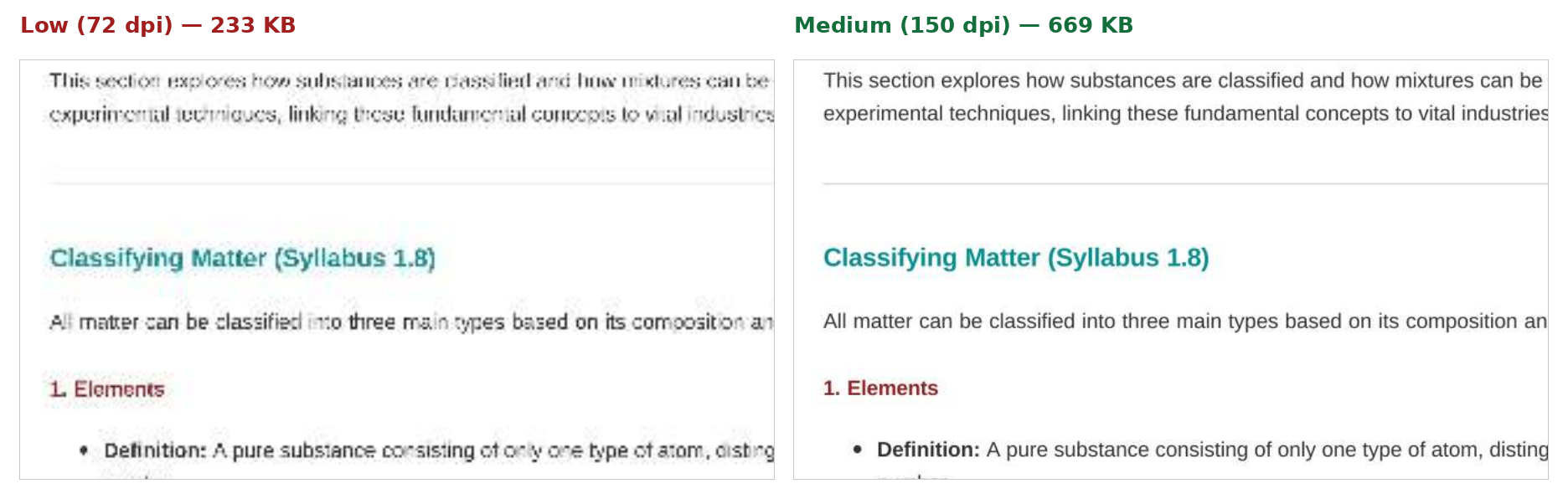 Same scanned paragraph compressed on Low (left), blurry and hard to read, and on Medium (right), crisp
