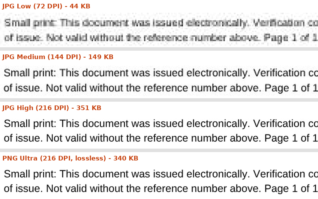 The same 7-point small print at JPG Low (fuzzy), JPG Medium (readable), JPG High and PNG Ultra (both crisp)
