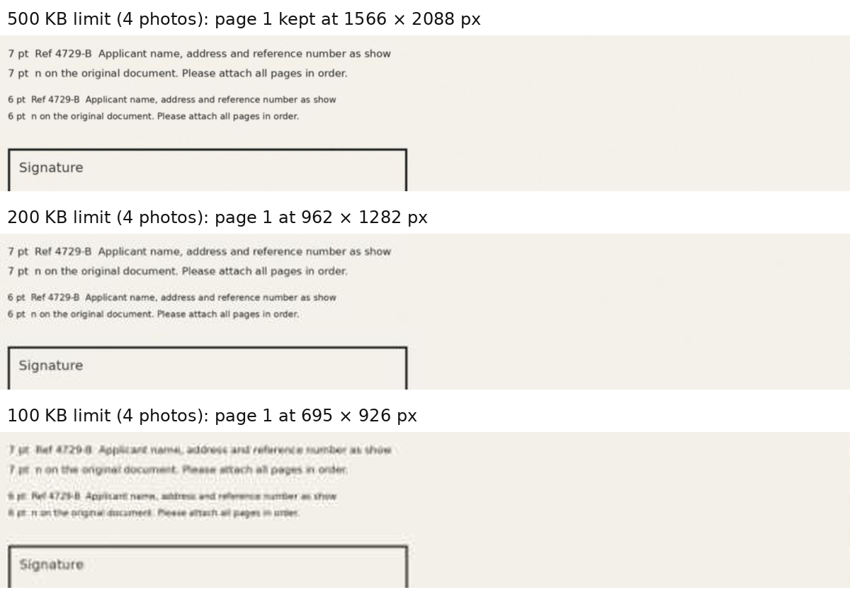 The same small print from a photographed page inside PDFs limited to 500 KB (sharp), 200 KB (readable) and 100 KB (breaking up)