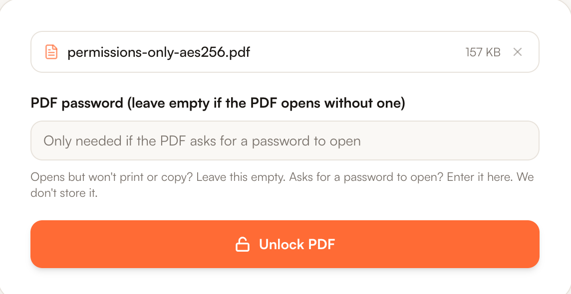 The Unlock PDF form after uploading a file: the password field says to leave it empty if the PDF opens without one